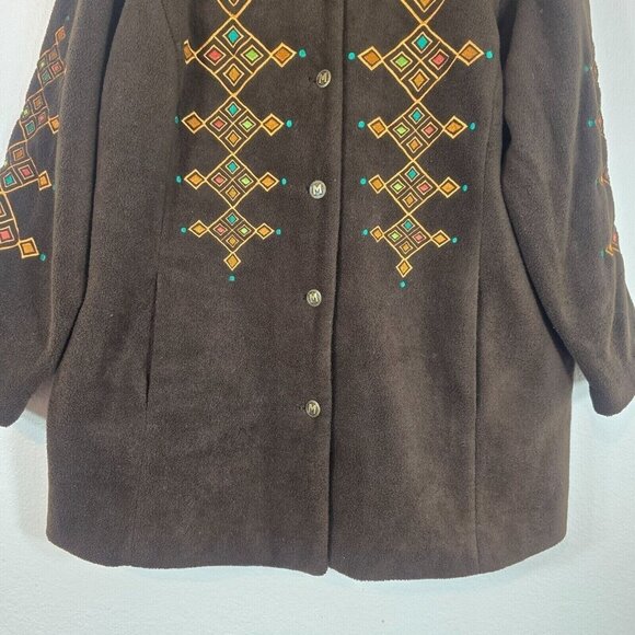 Bob Mackie Wearable Art Fleece Coat Jacket Women 1X Geometric Embroidered Brown - Picture 3 of 10